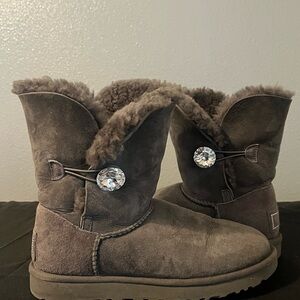 Gray Shearling-Lined Boots with Crystal Accent